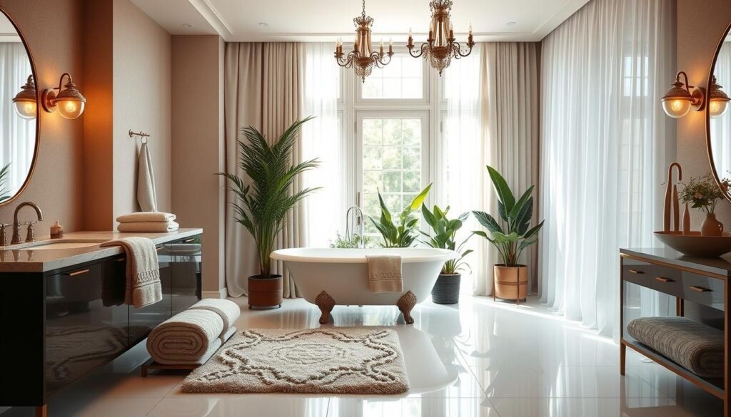 A sophisticated bathroom interior with luxurious textiles. Plush towels and a fluffy bathmat in a neutral palette adorn a sleek vanity. Sheer curtains frame the large window, allowing soft natural light to filter in. The floor is covered in gleaming white tile, and a freestanding clawfoot tub takes center stage, surrounded by lush potted greenery. Ornate light fixtures cast a warm, inviting glow. The overall ambiance is one of understated elegance and quiet sophistication.