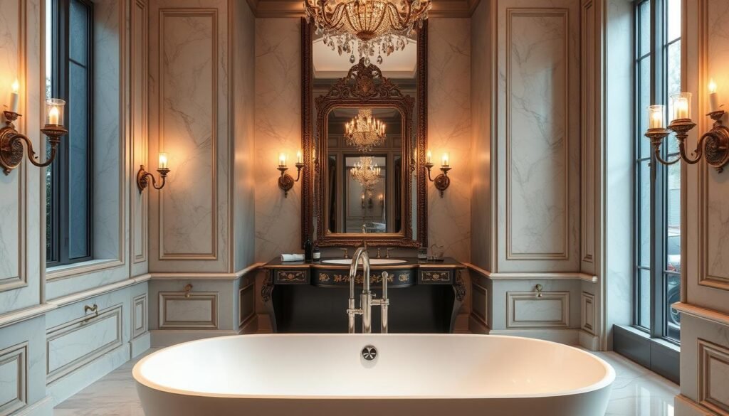 A sophisticated bathroom with a luxurious, elegant lighting setup. The foreground features a modern, freestanding bathtub with a sleek, minimalist design, surrounded by high-end marble tiles. Intricately detailed sconces adorn the walls, casting a warm, ambient glow across the space. The middle ground showcases a large, ornate mirror that reflects the intricate lighting fixtures, creating a sense of depth and grandeur. In the background, a pair of tall, floor-to-ceiling windows allow natural light to flood the room, illuminating the luxurious materials and finishes. The overall atmosphere is one of sophistication, tranquility, and indulgence.