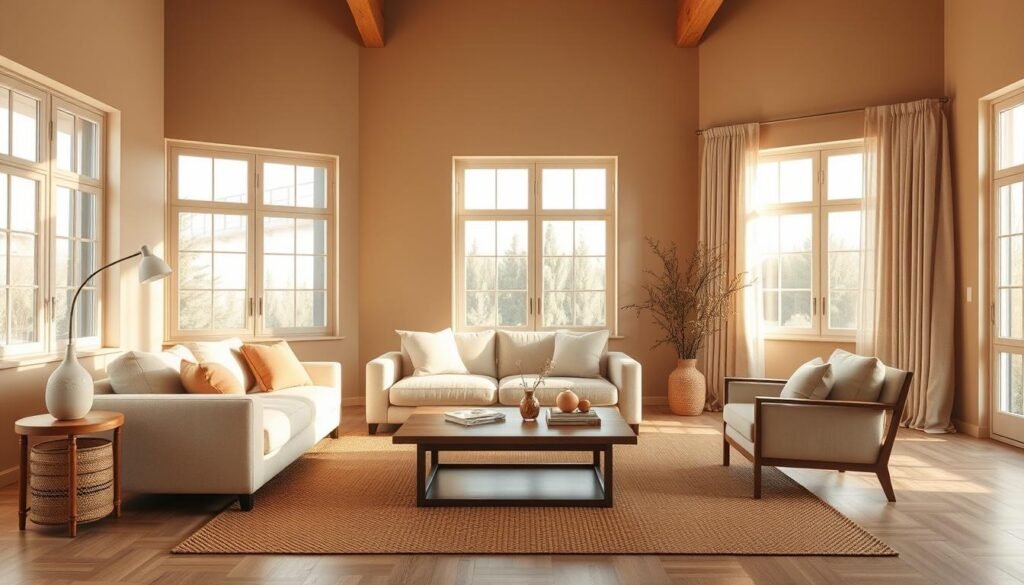 A spacious, well-lit living room with a minimalist, neutral color palette. Warm natural light floods the room through large windows, casting a soft, diffused glow. The walls are painted in a muted, earthy tone, creating a calming, sophisticated ambiance. The furnishings, including a plush, cream-colored sofa and a sleek, wooden coffee table, are arranged in a balanced, harmonious layout. Subtle textures, such as a woven area rug and light linen draperies, add depth and visual interest. The overall atmosphere is one of understated elegance and timeless style, perfectly capturing the power of neutrals to elevate a space.