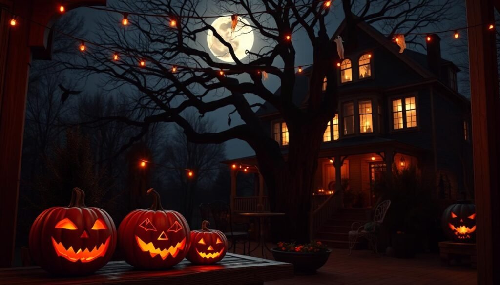 A spooky Halloween display adorns the inviting patio, casting an eerie glow under the full moon. In the foreground, carved jack-o'-lanterns with flickering candles inside sit atop a rustic wooden bench, their sinister faces casting dancing shadows. Strands of twinkling lights crisscross overhead, creating an atmospheric ambiance. In the middle ground, a large, gnarled tree stands sentinel, its bare branches reaching towards the sky, dripping with hanging ghosts and bats. The background features a haunting silhouette of a Victorian-style house, its windows glowing with an otherworldly light, hinting at the supernatural happenings within. The overall scene exudes a sense of festive enchantment, perfectly capturing the essence of an essential Halloween patio display.