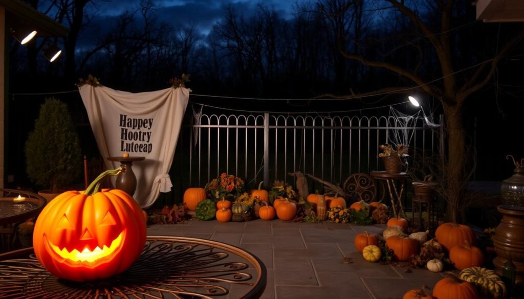 A spooky Halloween-themed patio landscape, bathed in an eerie twilight glow. In the foreground, a carved jack-o'-lantern sits atop a wrought-iron garden table, its flickering candlelight casting haunting shadows. Surrounding it, an array of decorative pumpkins, gourds, and autumn foliage create a cozy, autumnal atmosphere. In the middle ground, a wrought-iron fence encloses the patio, draped with ghostly white fabric and adorned with dangling spider webs. Beyond the fence, a dark, foreboding forest looms, its twisted, bare trees silhouetted against a dusky, cloudy sky. Strategically placed spotlights and subtle ambient lighting accentuate the eerie, Halloween-inspired setting, creating a captivating and immersive scene.