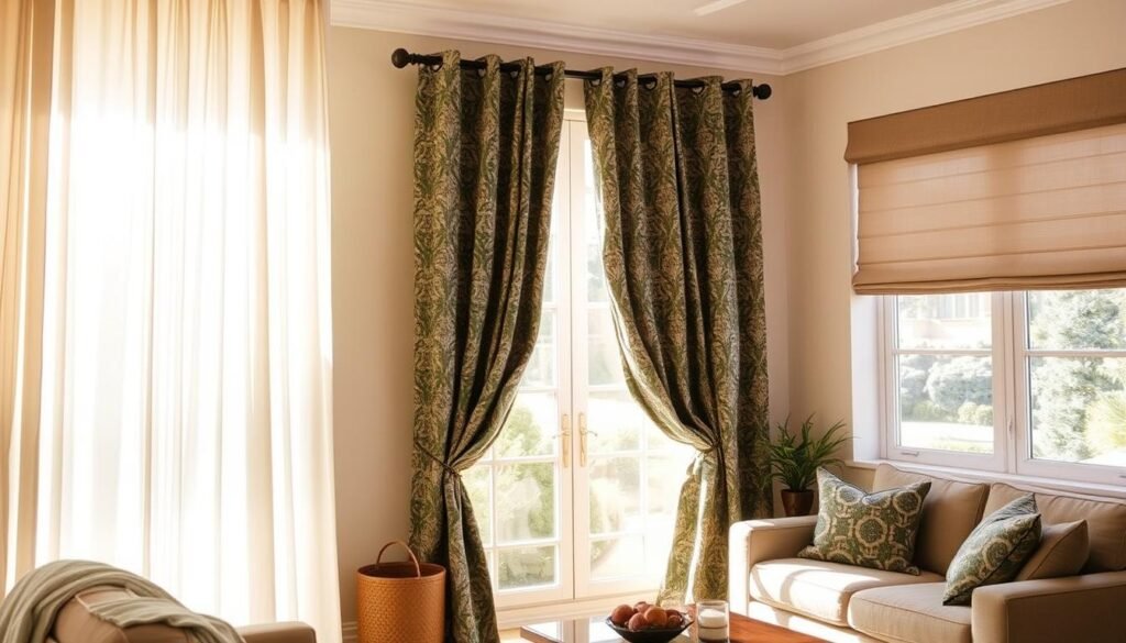 A sun-drenched living room with a large window, showcasing a variety of affordable fabric window coverings. In the foreground, an elegant yet inexpensive sheer curtain panel gracefully cascades, allowing natural light to filter through. In the middle ground, a pair of vibrant, patterned panels in a budget-friendly material like polyester hang, creating a focal point. In the background, a simple roman shade in a neutral tone blends seamlessly with the room's decor, demonstrating how low-cost options can still look luxurious. The overall scene is warm, inviting, and highlights how even the most affordable fabric choices can elevate the aesthetic of a space.