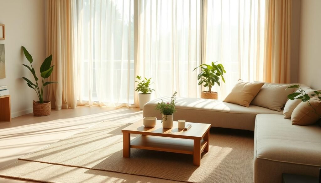 A tranquil, minimalist living space with clean lines and natural textures. Sunlight filters through sheer curtains, casting a warm glow on a simple wooden coffee table and a plush, neutral-toned sofa. Potted plants and a few carefully curated accessories add subtle pops of green and beige, creating a harmonious, soothing ambiance. The room exudes a sense of understated elegance and Japanese-Scandinavian aesthetic. Captured with a wide-angle lens, the image conveys a serene, zen-like atmosphere.