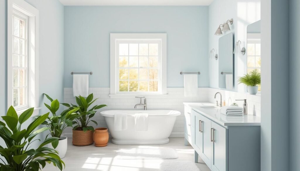 A tranquil, sun-drenched bathroom with a fresh, airy ambiance. The walls are painted in a soothing, light blue hue, creating a calming and rejuvenating atmosphere. Sleek, modern fixtures in brushed nickel complement the clean, minimalist aesthetic. Soft, natural lighting filters in through a large window, casting a warm glow over the pristine, white subway tile backsplash. The vanity features clean lines and a spacious countertop, providing ample storage and display space. Lush, green potted plants add a touch of nature, while plush, white towels and a fluffy bathmat complete the luxurious, spa-like feel. The camera captures this serene sanctuary in crisp, high-resolution detail, showcasing the thoughtful design and inviting ambiance.