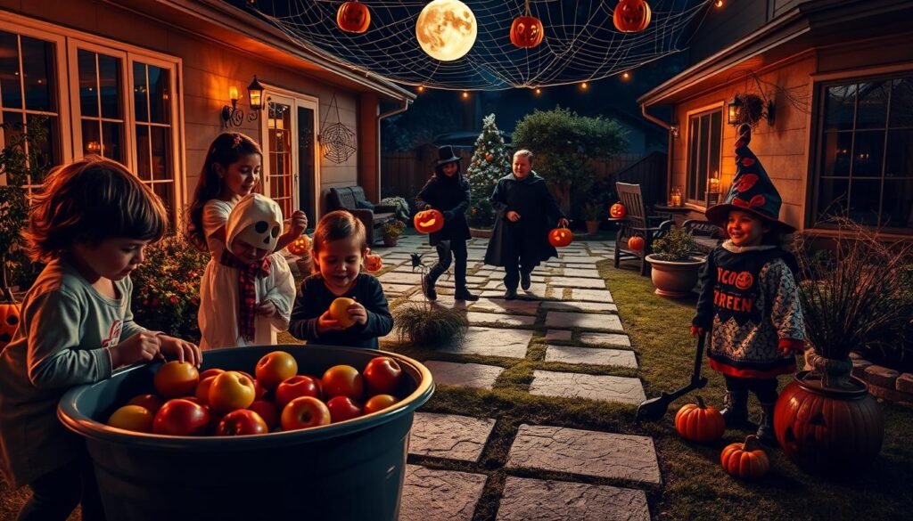 A vibrant Halloween patio scene with a group of costumed children engaged in playful activities. In the foreground, kids bob for apples in a large tub, their laughter and excitement palpable. In the middle ground, a trio of trick-or-treaters in whimsical costumes - a ghost, a witch, and a vampire - navigate a spider web-adorned path, casting dramatic shadows. The background features a well-lit patio, adorned with carved jack-o'-lanterns, ghoulish decorations, and a full moon casting an eerie glow over the entire scene. The lighting is warm and inviting, creating a cozy and enchanting atmosphere perfect for Halloween festivities.
