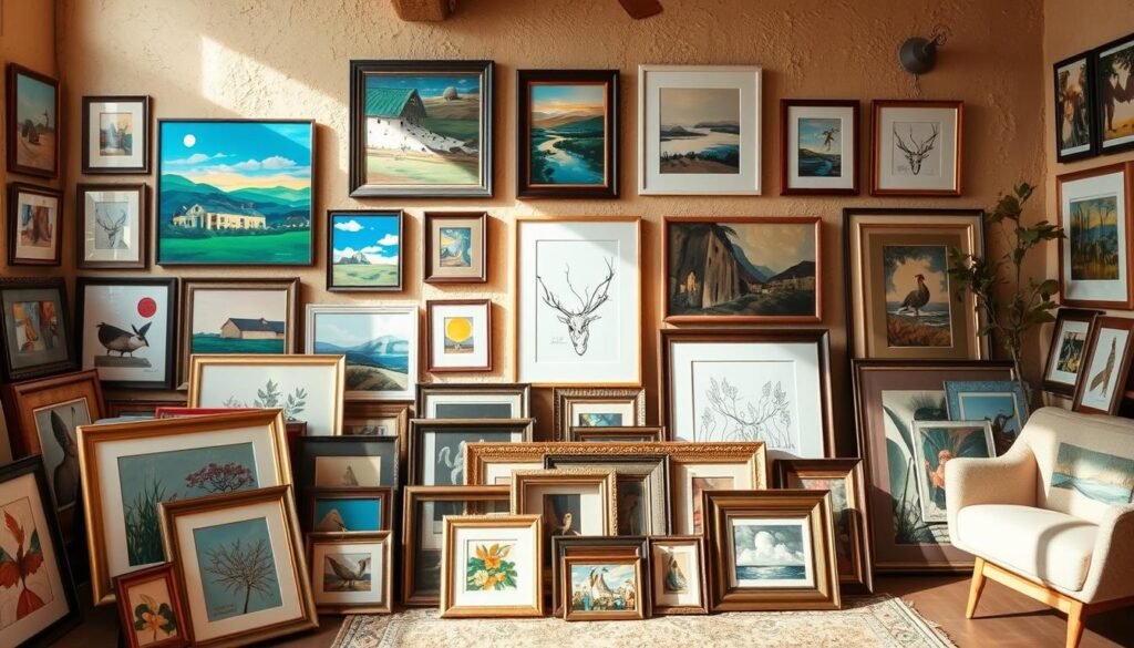 A vibrant display of local art prints, carefully curated to transform any home interior. The foreground showcases a variety of framed paintings, drawings, and mixed media works, each reflecting the unique styles and perspectives of talented regional artists. The middle ground features an eclectic arrangement of frames in varying sizes, shapes, and materials, creating a visually dynamic and cohesive display. In the background, a warm, natural-lit room with textured walls and minimal decor allows the artwork to take center stage, radiating a sense of authenticity and artistic appreciation. The overall scene conveys a harmonious blend of creativity, community, and a commitment to supporting local talent, capturing the essence of the "Local Artists to Support" section.