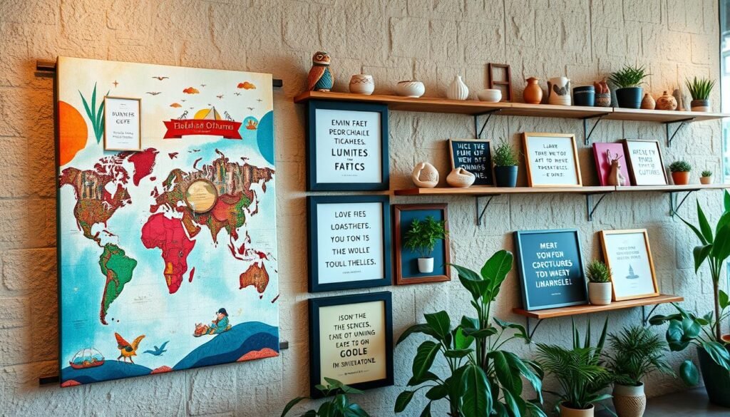 A vibrant, educational wall display featuring a variety of inspirational art pieces. The foreground showcases a large canvas painting depicting diverse global cultures and their unique artistic styles. In the middle ground, several framed prints with empowering quotes and motivational messages are tastefully arranged. The background features a textured, neutral-toned wall with carefully curated shelves displaying artisanal ceramic sculptures and potted plants, creating a harmonious and visually stimulating atmosphere. The lighting is soft and natural, highlighting the intricate details and vivid colors of the artwork. Captured with a wide-angle lens to showcase the full scope of this inspiring educational display.