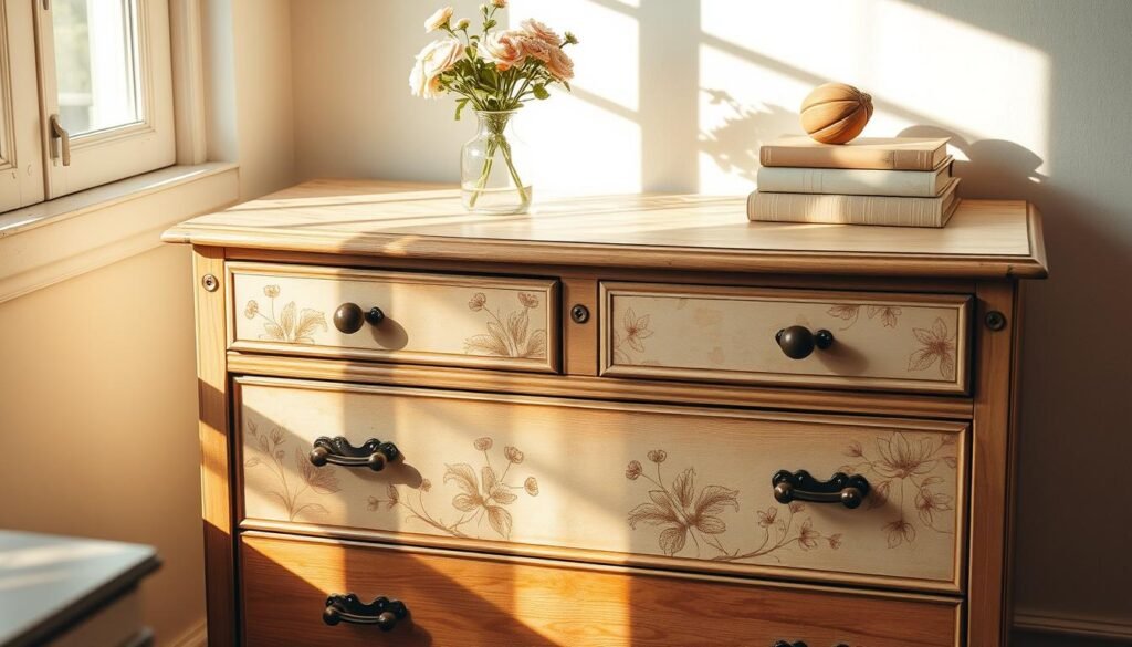 A vintage wooden chest of drawers sits in a cozy, sun-drenched room. The surface is adorned with a delicate decoupage pattern featuring floral and botanical motifs in soft, earthy tones. Carefully placed accents, such as a vase of fresh flowers and a stack of decorative books, complement the revitalized furniture piece. Warm, diffused lighting casts gentle shadows, highlighting the intricate textures and the artful, handcrafted aesthetic. The overall scene conveys a sense of timeless elegance and a DIY spirit, inspiring a desire to breathe new life into old furniture.