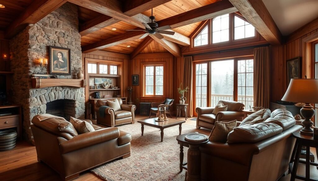 A warm, inviting rustic living room in natural earth tones. Wooden beams and paneled walls create a cozy atmosphere, accented by a large stone fireplace. Plush textured rugs and overstuffed leather furniture add comfort, while antique brass fixtures and vintage decor pieces lend an aged, timeless charm. Soft side lighting casts a gentle glow, illuminating the space and highlighting the rich, textural details. A large window overlooks a scenic wooded landscape, blending the indoors and outdoors. The overall feel is one of relaxed elegance and timeless sophistication.