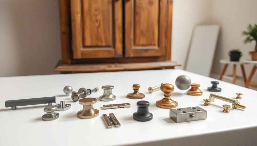 A well-lit, closeup view of an old wooden cabinet being revamped with new hardware. The cabinet is placed on a clean, minimalist tabletop. The foreground features an assortment of modern drawer pulls, knobs, and hinges in various metallic finishes. The middle ground showcases the cabinet's doors and drawers, with the old hardware being carefully removed. The background shows a bright, airy studio space with soft, even lighting, creating a warm, inviting atmosphere. The image conveys a sense of transformation, highlighting the ease and impact of upgrading old furniture with thoughtfully selected new hardware.