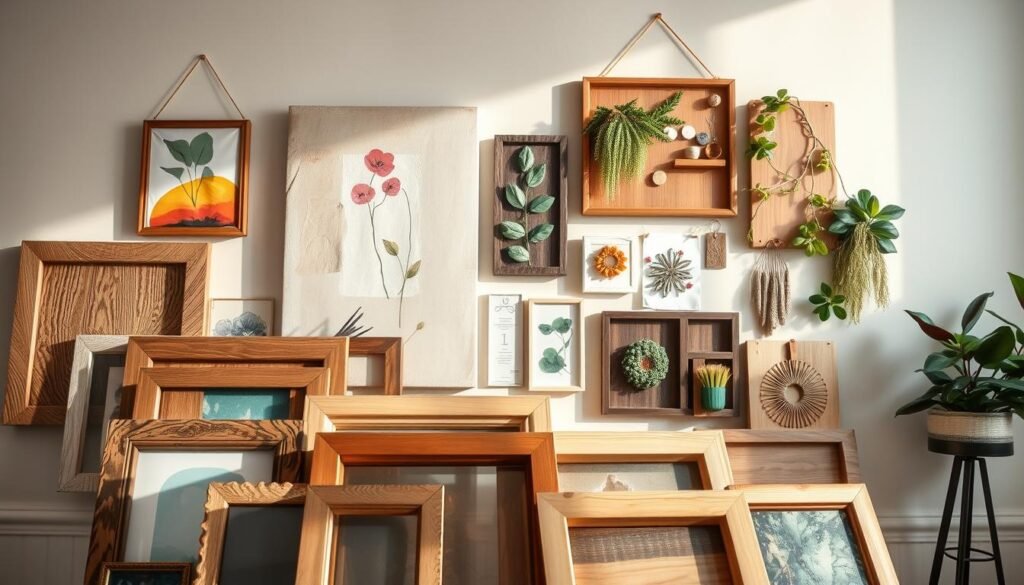 A well-lit, high-quality photograph showcasing a variety of DIY wall art projects. In the foreground, a collection of handcrafted wooden frames, each with a unique, textured surface and a modern, minimalist design. In the middle ground, a mix of abstract canvas paintings, mixed-media collages, and botanical wall hangings, all expertly arranged to create a visually captivating display. The background features a clean, neutral-toned wall, allowing the vibrant colors and textures of the artwork to take center stage. Soft, directional lighting casts gentle shadows, emphasizing the depth and dimensionality of the pieces. The overall scene exudes a sense of creativity, craftsmanship, and the power of DIY wall art to transform any space.