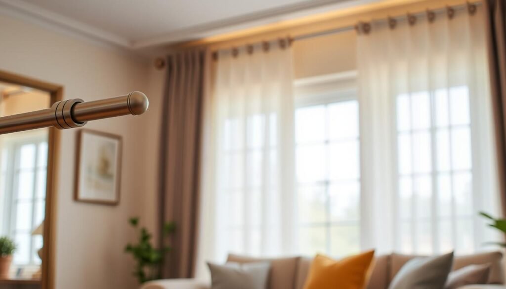 A well-lit living room scene with affordable and functional curtain rods in the foreground. The rods are sleek, minimalist metal designs in a muted silver or bronze tone, complementing the room's decor. The middle ground shows neatly hung curtains in a soft, neutral fabric that gently frame the windows. The background features a cozy, inviting atmosphere with warm lighting and subtle textures on the walls. The overall mood is one of simplicity, practicality, and a touch of sophistication, capturing the essence of a budget-friendly yet stylish drapery solution.