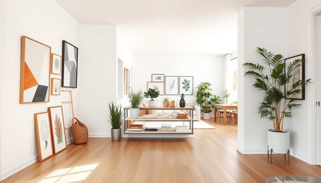 A well-lit, modern rental apartment with minimalist white walls and natural wooden flooring. In the foreground, a collection of artfully arranged wall decor pieces, including abstract paintings, geometric prints, and framed botanical illustrations. The middle ground features a sleek floating shelving unit displaying a mix of plants, ceramics, and other decorative elements. The background offers a glimpse of a cozy seating area, creating a harmonious, gallery-like atmosphere. Captured with a wide-angle lens, the image conveys a sense of spaciousness and effortless style, showcasing how rented spaces can be transformed with thoughtful wall art and decor.