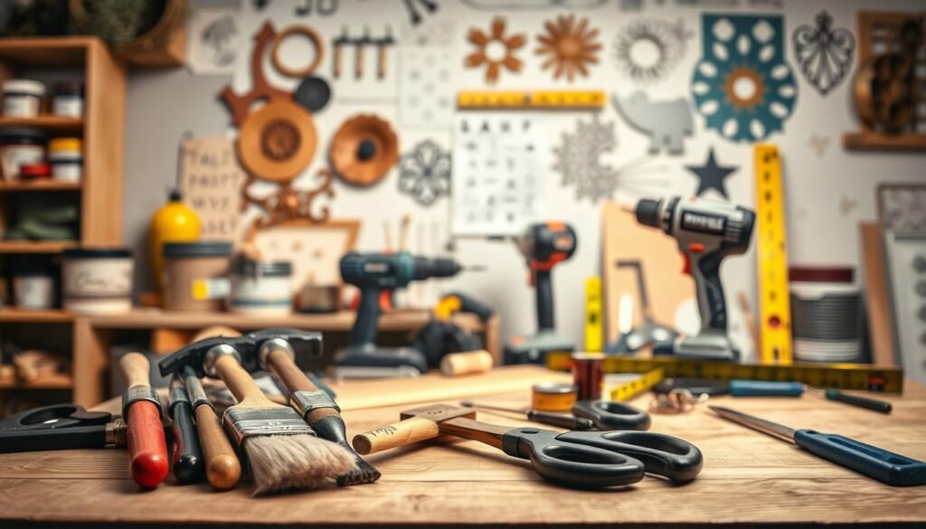 A well-lit studio scene showcasing a collection of essential DIY home decor tools. In the foreground, a set of high-quality paint brushes, a hammer, a screwdriver, and a pair of scissors are neatly arranged on a wooden workbench. In the middle ground, a power drill, a tape measure, and a level are prominently displayed, casting soft shadows. The background features a variety of paintcans, stencils, and other decorative accents, creating a sense of depth and visual interest. The lighting is soft and even, highlighting the textures and details of the tools. The overall atmosphere conveys a sense of creativity, organization, and the excitement of embarking on a DIY home decor project.