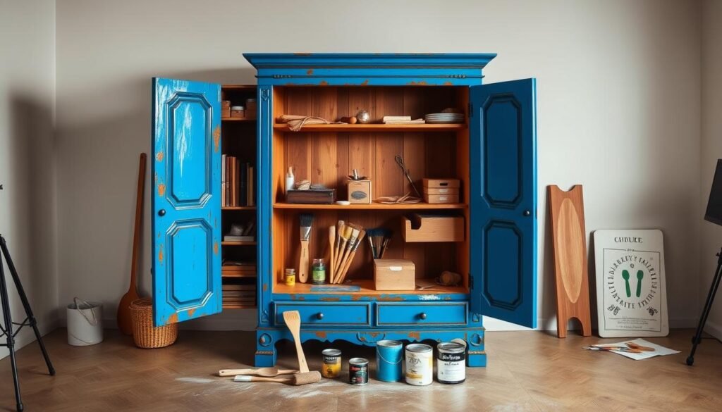A well-lit studio setting with a vintage wooden cabinet in the foreground, its surface partially painted in a vibrant, glossy blue hue. The cabinet doors are open, revealing organized storage spaces within. In the middle ground, various painting supplies such as brushes, rollers, and paint cans are arranged neatly. The background showcases a minimalist, neutral-toned wall, allowing the vibrant cabinet to be the focal point. The overall scene conveys a sense of creativity, DIY spirit, and a transformation in progress, perfectly aligning with the "Creative Painting Ideas to Transform Your Furniture" theme.