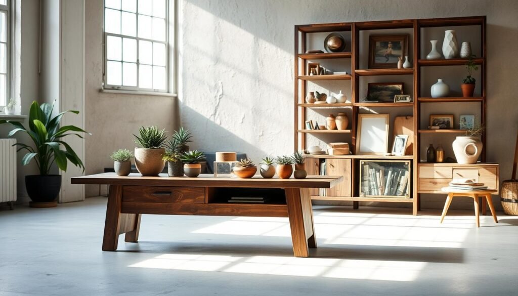 A well-lit studio setting with natural lighting filtering through large windows, showcasing a collection of upcycled furniture pieces. In the foreground, a repurposed wooden table with a sleek, minimalist design, its surface adorned with an artfully arranged display of plants and small decorative items. In the middle ground, a shelving unit crafted from reclaimed materials, each shelf holding an assortment of unique, one-of-a-kind decor pieces. The background features a neutral, textured wall, creating a clean and inviting backdrop for the featured furniture. The overall atmosphere is one of thoughtful, sustainable design, with a focus on elevating the beauty of everyday objects through creative repurposing.