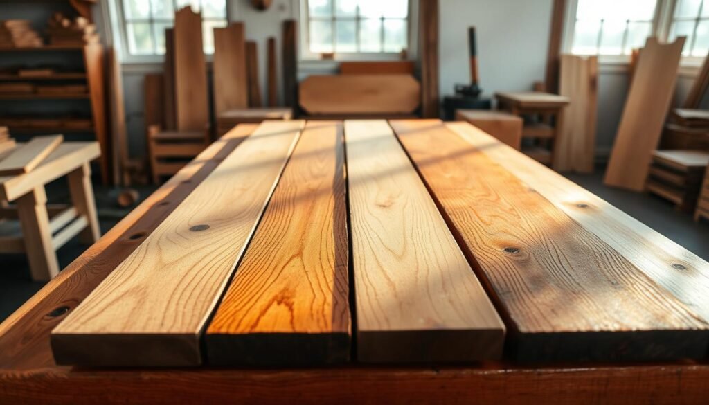 A well-lit woodworking studio, wooden planks arranged neatly on a sturdy workbench. Close-up view showcasing various wood staining techniques - from delicate washes to bold, layered applications. The rich, warm tones of the stained wood contrast beautifully against the cool, neutral tones of the background. Natural sunlight filters through the windows, casting soft shadows that accentuate the intricate grain patterns. The overall scene exudes a sense of craftsmanship, inviting the viewer to explore the nuances of transforming ordinary wood into a visually striking, textured surface.
