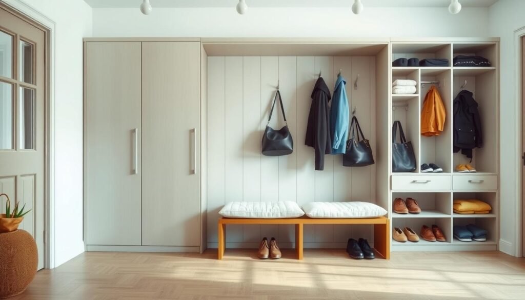 A well-organized entryway with a modern, minimalist cabinet and bench set against a bright, airy backdrop. The cabinet features sleek lines, clean edges, and a neutral color palette, providing ample storage space for coats, bags, and other essentials. A wooden bench with ample cushions sits underneath, offering a comfortable spot to remove shoes and place items. Soft, diffused lighting from overhead fixtures illuminates the scene, creating a warm and inviting atmosphere. The overall composition emphasizes the importance of decluttering and optimizing the entryway for maximum organization and functionality.