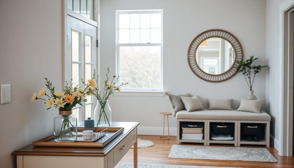 A well-organized entryway with tasteful decor and minimal clutter. In the foreground, an elegant console table displays a vase of fresh flowers, a decorative tray, and a few carefully selected accessories. The middle ground features a wall-mounted mirror reflecting the natural light streaming in from large windows. In the background, a neutral-toned bench with hidden storage compartments provides additional organization. The lighting is soft and diffused, creating a warm, inviting atmosphere. The composition is balanced and visually appealing, showcasing a decluttered, stylish entryway that serves as an inspiring example of creative organization.