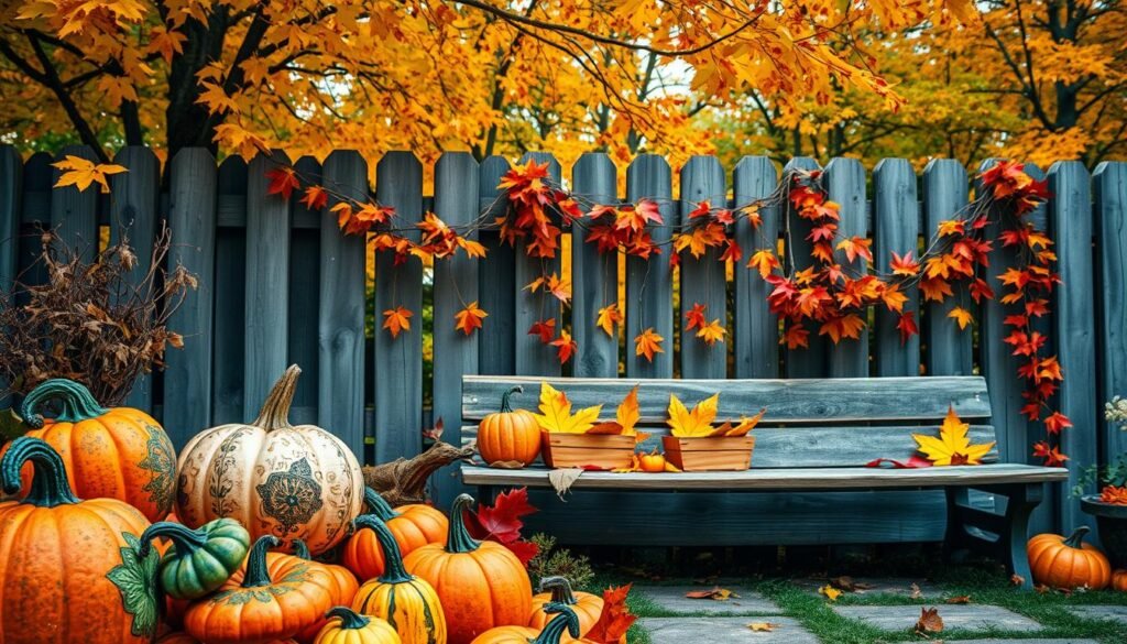 A whimsical autumnal scene brimming with delightful details. In the foreground, a cluster of handcrafted pumpkins and gourds in vibrant hues of orange, yellow, and green, adorned with intricate patterns and textures. Nearby, a weathered wooden bench serves as a canvas for a collection of artfully arranged autumn leaves, their vibrant colors creating a stunning natural tapestry. In the middle ground, a rustic wooden fence is draped with a garland of vibrant fall foliage, its tendrils cascading in a playful, organic manner. Beyond, a lush backdrop of trees in the full glory of their autumnal splendor, their branches casting a warm, golden glow over the entire scene. The lighting is soft and diffused, evoking a cozy, inviting atmosphere, perfect for transforming any outdoor space into a whimsical autumn oasis.