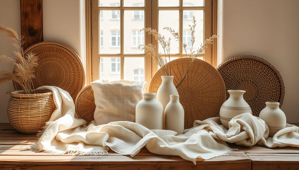 An immersive still life scene of natural materials in a Japandi textile design. Soft, neutral tones of beige, cream, and grey in organic textures - woven raffia, unbleached linen, and brushed cotton. Artful arrangement of layered fabrics, wicker baskets, and minimalist ceramic vases on a rustic wood surface. Warm, diffuse lighting from a large window casts gentle shadows, highlighting the natural grain and weaves. A serene, harmonious composition that evokes the tranquil, harmonious essence of Japandi style.