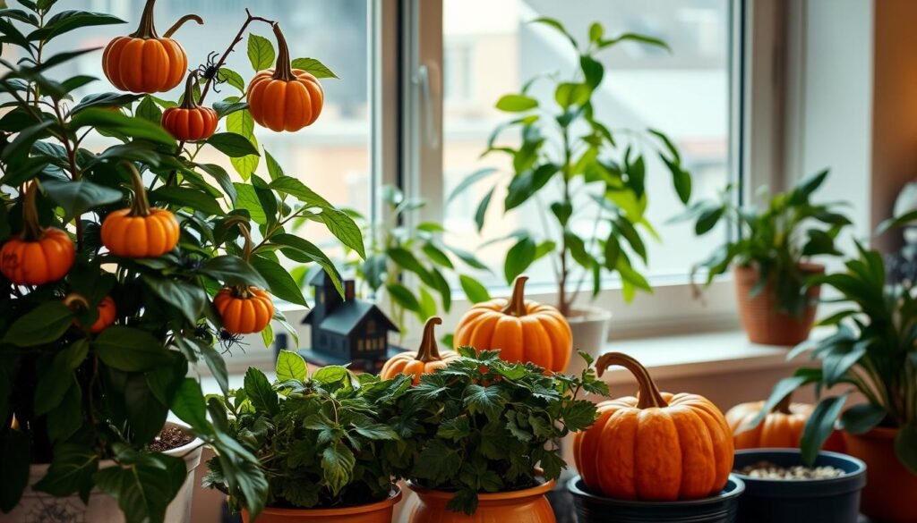 Apartment-friendly Halloween decorations adorning a cozy living room with potted plants. Lush green foliage and vibrant orange pumpkins create a harmonious indoor tableau. Soft, warm lighting casts a gentle glow, highlighting the intricate details of the decorations - dried gourds, mini haunted houses, and spider-web motifs. The scene evokes a sense of autumnal whimsy, perfect for celebrating the season without overwhelming the space. Detailed textures, natural shadows, and a balanced composition make this a captivating, realistic image.