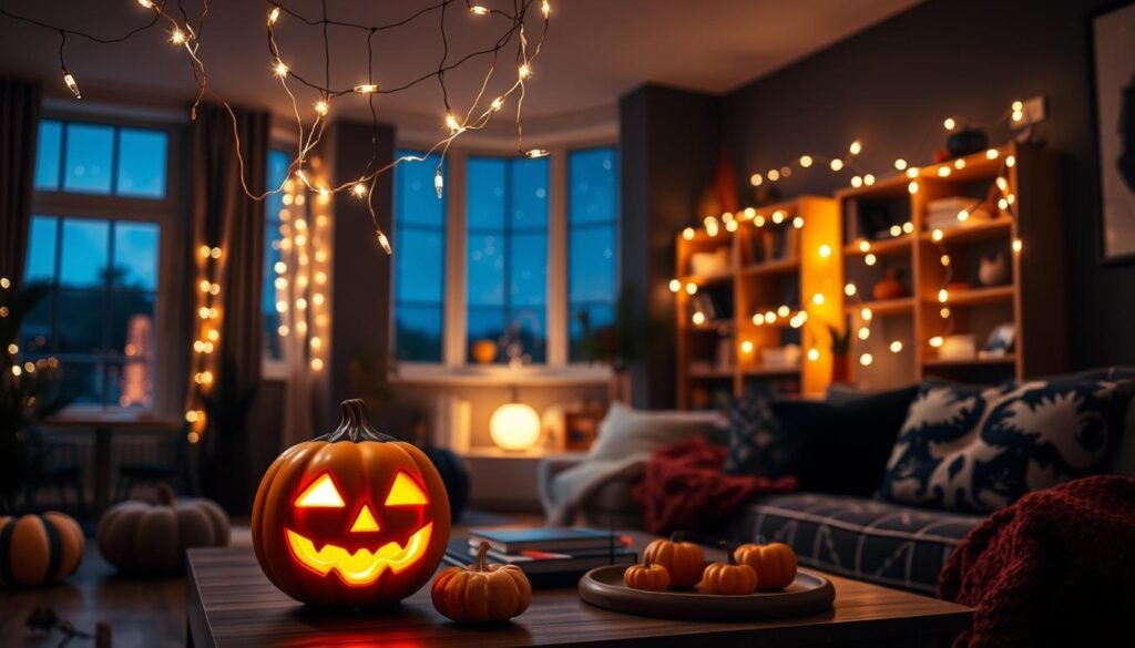 Cozy apartment living room with Halloween-themed decor. In the foreground, a ceramic jack-o'-lantern glows softly, casting a warm, inviting light. On the coffee table, a small arrangement of mini pumpkins and gourds. Hanging from the ceiling, wispy strands of ghostly lights float ethereally. In the middle ground, bookcases adorned with string lights and a few spooky trinkets. The walls are painted a deep, moody shade, complementing the autumnal palette. Large windows in the background offer a glimpse of a starry night sky, creating a tranquil, atmospheric scene. Soft, ambient lighting illuminates the space, evoking a sense of coziness and Halloween charm.