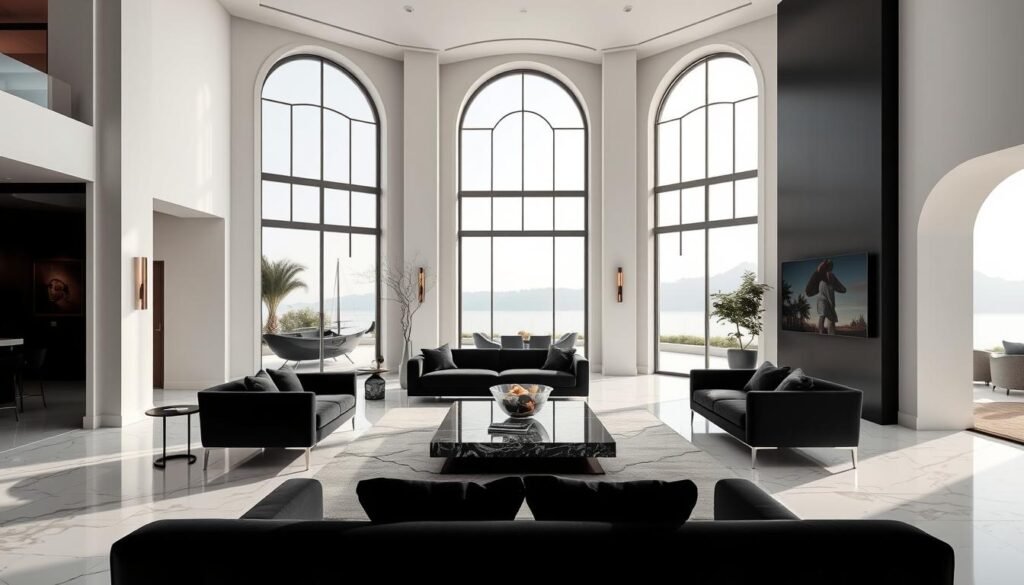 Crisp, modern interior with a luxurious black and white color palette. Sleek, minimalist furniture pieces in shades of ebony and ivory create a striking contrast against pristine white walls. Diffused, soft lighting casts a warm, inviting glow, highlighting the elegant textures of plush velvet upholstery and gleaming, polished marble surfaces. Tall, arched windows frame a serene outdoor vista, blending the interior seamlessly with the natural world beyond. The spacious, open-concept layout exudes an atmosphere of refined sophistication and tranquil opulence.