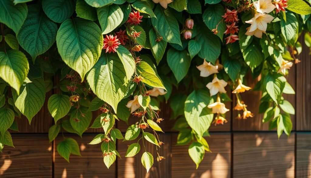 Lush, vibrant leaves and delicate flower petals cascade across a wooden wall, creating a captivating natural tapestry. Intricate patterns of leaf veins and intricate floral structures are rendered in stunning detail, as if captured by a high-resolution macro lens. Dappled sunlight filters through the arrangement, casting warm, golden tones and soft shadows that add depth and dimension. The composition feels organic and harmonious, evoking a sense of tranquility and connection with the natural world. This nature-inspired wall art piece would seamlessly blend into any space, transforming it into a serene, biophilic oasis.
