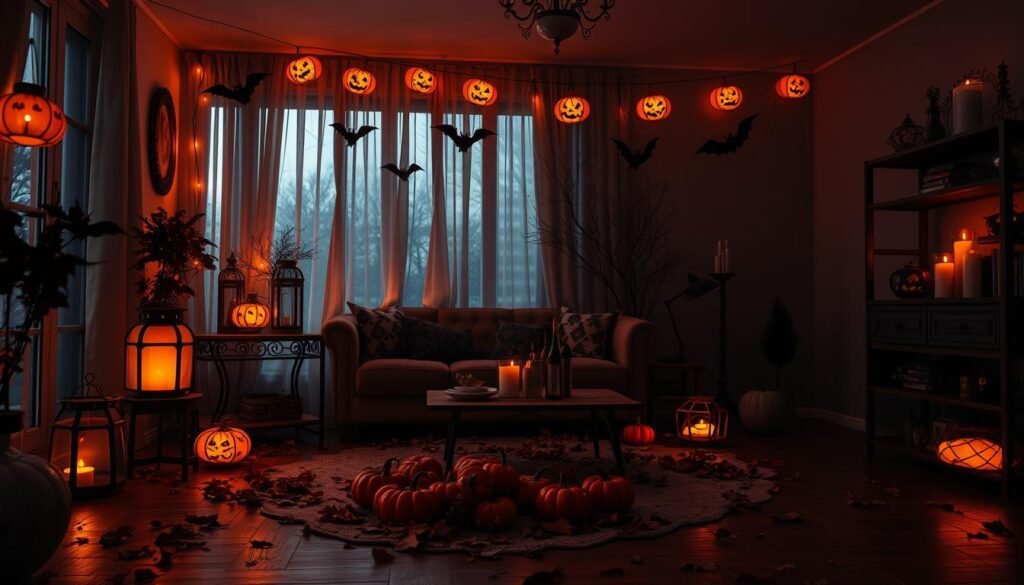 Moody Halloween-themed apartment interior, with pumpkin-shaped string lights casting a warm glow across the living room. Ornate lanterns and candles flicker on side tables, bathing the space in a soft, haunting light. Ghostly silhouettes of hanging bats and spiderwebs cling to the walls, creating an eerie atmosphere. Piles of fallen autumn leaves scattered across the hardwood floor, adding a touch of natural decay. High-quality, photorealistic rendering with intricate details and accurate lighting simulation.