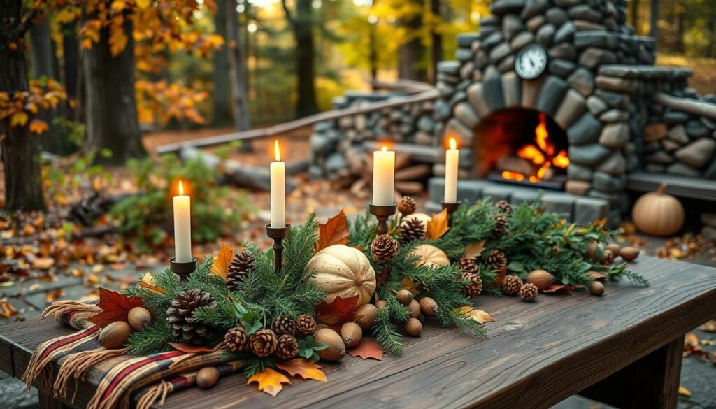 Rustic outdoor fall decor in a picturesque woodland setting. A weathered wooden table is adorned with a cozy plaid blanket, lush greenery, and an assortment of natural elements - pinecones, acorns, dried leaves, and gourds. Flickering candlelight casts a warm glow, complemented by the soft, diffused sunlight filtering through the autumnal foliage. In the background, a stone fireplace with a roaring fire adds to the cozy ambiance. The scene exudes a sense of tranquility and brings the beauty of the outdoors in, perfectly capturing the essence of a cozy fall retreat.