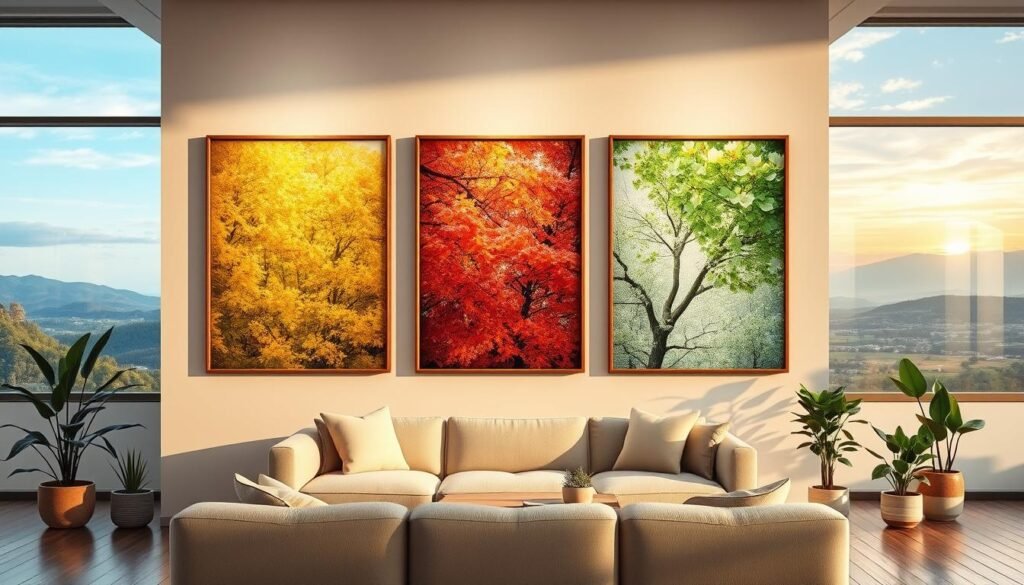 Seasonal wall art changes: a vibrant, hyperrealistic showcase of nature's transitions. In the foreground, an elegant gallery wall displays a series of framed prints - lush summer foliage gives way to vibrant autumnal hues, then delicate winter silhouettes and finally, the fresh greens of spring. Soft, directional lighting casts a warm, inviting glow, highlighting the textural details of the artwork and the intricate wood grain of the frames. The middle ground features a cozy, minimalist living space, with plush furnishings and potted plants that echo the seasonal themes. In the background, large windows overlook a scenic landscape, the sky shifting from azure to golden hour as the seasons progress. An immersive, visually captivating depiction of how easily wall art can transform a space throughout the year.