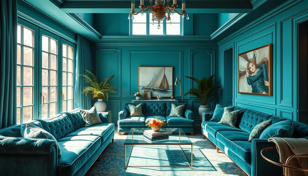 Vibrant and luxurious color scheme featuring rich teal and turquoise hues. The scene depicts a high-end living room with plush velvet furniture and soft, diffused lighting. Sunlight streams through large windows, casting a warm glow over the space. Elegant, textured fabrics like velvet and silk create a sense of opulence. Reflective surfaces like a glass coffee table and chrome accents add depth and dimension. The overall palette is harmonious yet striking, evoking a sense of sophisticated elegance and relaxation.