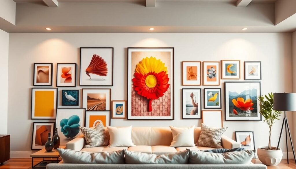 Vibrant art prints arranged harmoniously in a minimalist, contemporary home interior. A striking centerpiece dominates the frame, surrounded by an assortment of complementary pieces in various sizes and frames. Warm, diffused lighting accentuates the textures and colors, creating a serene, gallery-like atmosphere. The overall composition effortlessly blends modern and timeless aesthetics, showcasing a diverse selection of wall art that could seamlessly enhance any living space.
