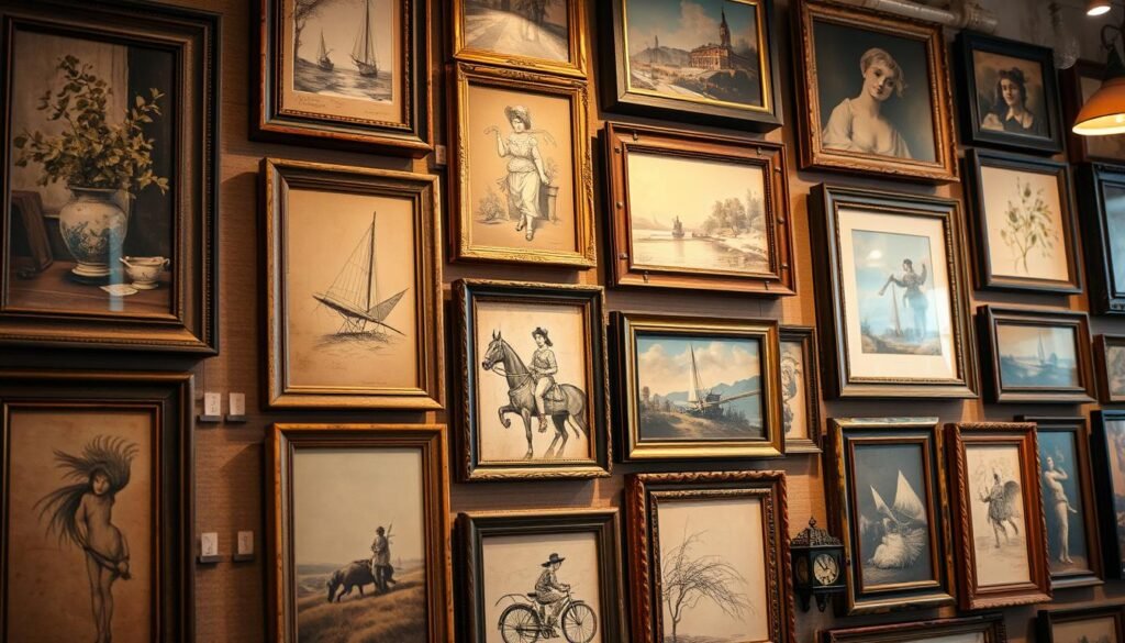 a highly detailed, vintage-style wall art display with an antique aesthetic, featuring an assortment of framed paintings, sketches, and photographic prints arranged in a cohesive, gallery-like composition. The artwork has a weathered, time-worn appearance, with distressed frames, cracked varnish, and muted, earthy color palettes. The lighting is warm and soft, creating a cozy, inviting atmosphere, as if captured in a well-curated vintage home. The scene is photographed from an angle that showcases the depth and layering of the display, emphasizing the eclectic yet harmonious collection of pieces. The overall mood is one of nostalgia, elegance, and a timeless, refined sensibility.