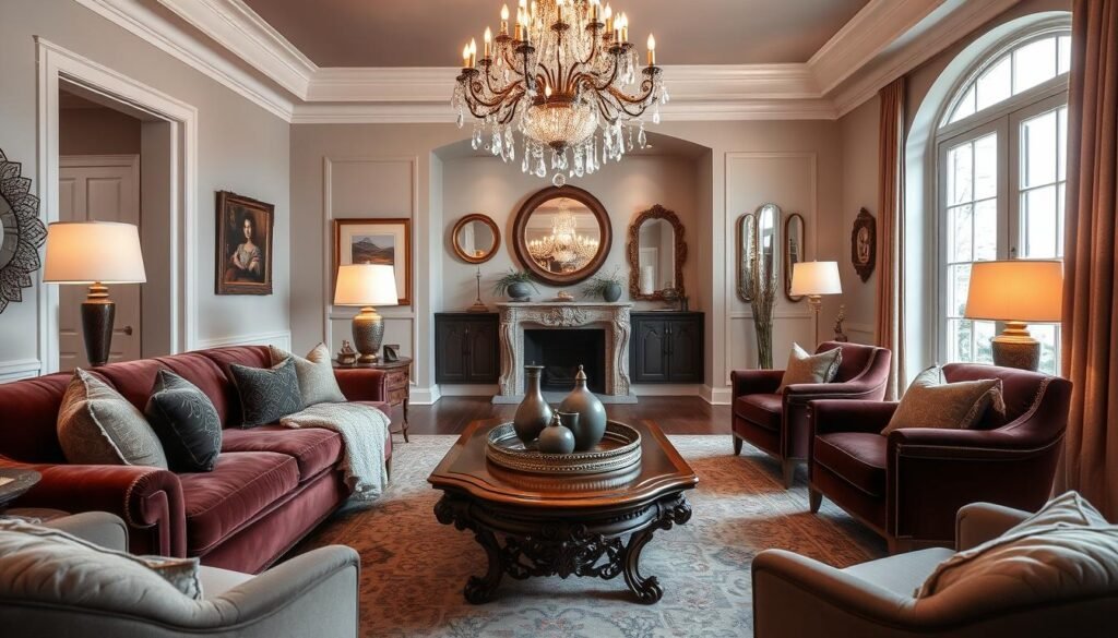 a warm and inviting living room with a plush, velvet sofa in a rich jewel-toned color, accented by luxurious throw pillows and a cozy blanket. a beautiful, carved wooden coffee table with a tray of decorative objects takes center stage, surrounded by two comfortable armchairs. the lighting is soft and ambient, with a mix of floor lamps and a grand, crystal chandelier that casts a gentle glow. the walls are painted in a soothing, neutral color palette, complemented by tasteful artwork and decorative mirrors. large windows allow natural light to fill the space, creating an airy and bright atmosphere. the overall design is elegant and sophisticated, yet maintains a sense of warmth and homeliness, making it an inviting and comfortable living area.
