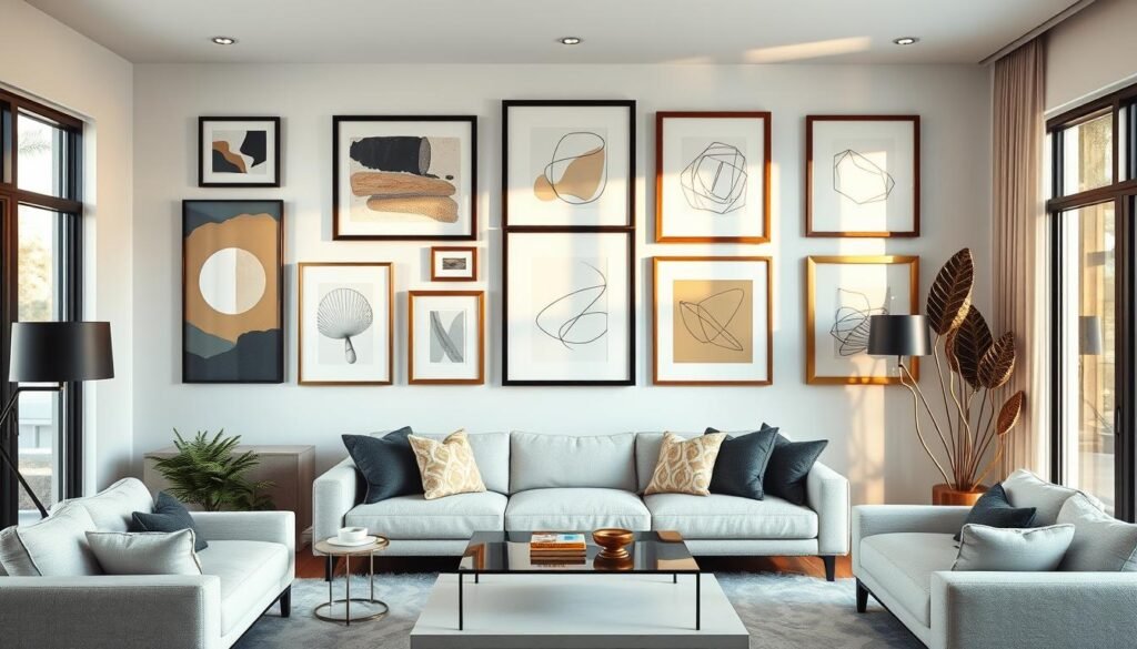 an interior living room with a modern gallery wall arrangement, featuring an eclectic mix of framed abstract paintings, minimalist line art prints, and geometric metal sculptures, all illuminated by warm, natural lighting streaming in through large windows. The frames are a mix of sleek black, natural wood, and brushed gold tones, creating a cohesive yet visually interesting display. The walls are a neutral white or light gray, allowing the artwork to take center stage. The overall atmosphere is one of refined sophistication and personal style.