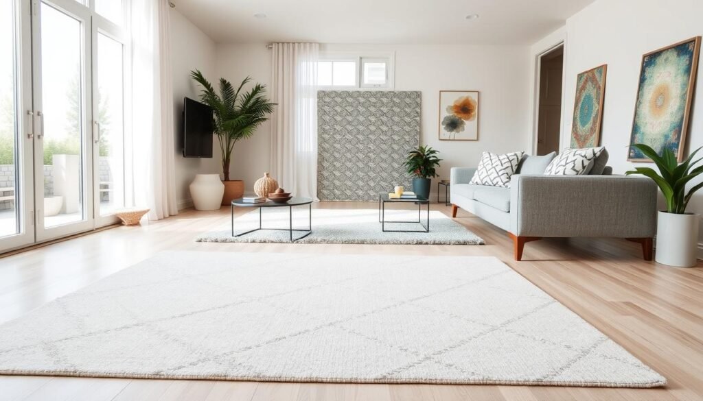 A bright, airy modern living room showcases a collection of budget-friendly area rugs. In the foreground, a sleek low-pile rug in a geometric pattern anchors the space, its neutral tones complementing the minimalist furniture. Midground, a plush shag rug in a muted sage green adds warmth and texture, while a vibrant patterned rug in the background injects a pop of color and visual interest. Soft, diffused natural light filters in through large windows, highlighting the varied textures and creating an inviting, stylish atmosphere. The overall scene conveys a sense of comfort and effortless sophistication on a modest budget.
