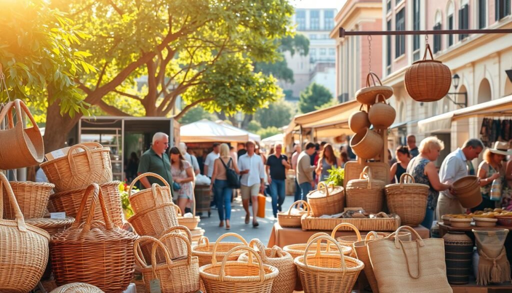 A charming open-air market, bathed in warm golden light. In the foreground, a display of exquisite handwoven boho baskets in an array of earthy hues and natural textures - wicker, rattan, and jute. Shoppers browse the stalls, selecting the perfect pieces to bring home. In the middle ground, vendors and their quaint market stalls, bustling with activity. The background features lush greenery, sun-dappled buildings, and the vibrant energy of a lively urban setting. Capture the essence of chic, functional boho style with this captivating scene.