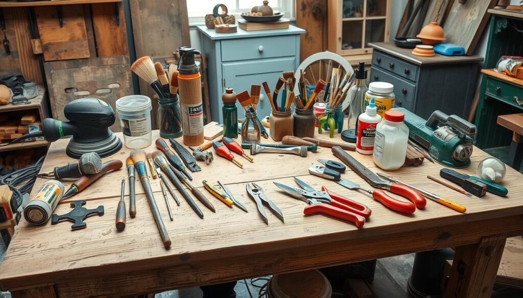 A cluttered, well-lit workshop table showcasing an assortment of upcycling tools, including a power sander, a set of paint brushes, a collection of screwdrivers, a hand saw, pliers, and a jar of wood glue. The table is surrounded by weathered wooden planks, repurposed hardware, and a few vintage furniture pieces in the background, creating a rustic, creative atmosphere.