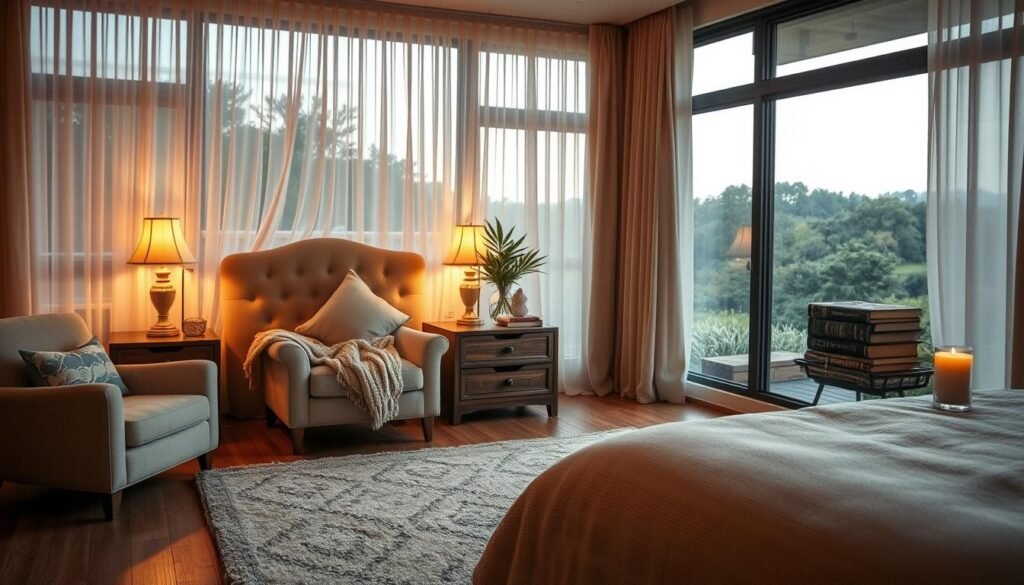 A cozy and inviting bedroom sanctuary, bathed in warm, soft lighting from a pair of vintage-inspired table lamps. The scene features a plush, tufted headboard in a soothing neutral tone, framed by sheer, flowing curtains that gently billow in a gentle breeze. In the foreground, a plush area rug in a muted pattern grounds the space, while a cozy armchair with a knitted throw invites relaxation. The mid-ground showcases a sturdy, wooden nightstand with a stack of well-worn books and a decorative candle, creating a sense of tranquility. In the background, a large window overlooks a lush, verdant landscape, providing a calming, nature-inspired backdrop to this serene, inviting bedroom retreat.