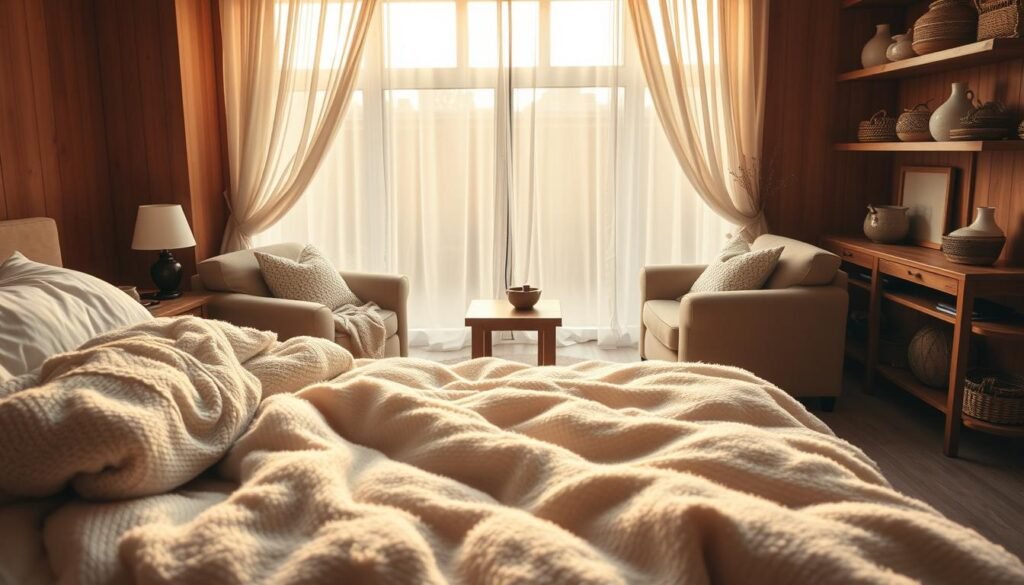 A cozy and inviting bedroom scene, bathed in warm, soft lighting. In the foreground, a plush, cloud-like bed is adorned with layers of luxurious, neutral-toned textiles - thick, knitted blankets, fluffy pillows, and a delicate lace coverlet. Framing the bed, a pair of overstuffed armchairs upholstered in velvet sit alongside a rustic wooden side table, creating an intimate seating area. In the middle ground, a large, textured area rug in earthy tones anchors the space, while sheer, billowing curtains frame the window, filtering in the gentle, diffused light of the setting sun. The background features warm-toned wooden paneling and shelves displaying an array of cozy accents, from ceramic vases to woven baskets, evoking a sense of comfort and hygge.