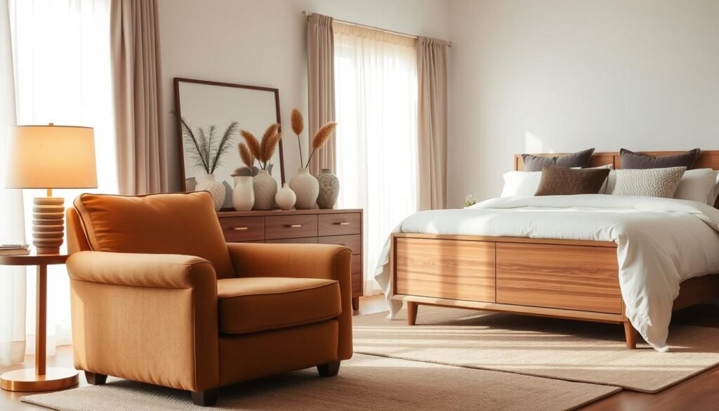A cozy and inviting bedroom with functional furniture. In the foreground, a plush, oversized armchair upholstered in a warm, neutral fabric sits next to a wooden side table with a lamp casting a soft, ambient glow. In the middle ground, a low, wooden dresser with clean, modern lines showcases decorative vases and plants. The background features a large, comfortable bed with a plush duvet and piled high with throw pillows in various textures and patterns. The room is bathed in natural light filtered through sheer curtains, creating a serene and calming atmosphere. The overall scene conveys a sense of comfort, relaxation, and functionality.