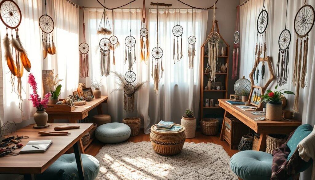 A cozy and inviting boho-inspired workspace, bathed in warm natural light filtering through sheer curtains. Handcrafted dream catchers in various sizes and colors hang from the ceiling, casting intricate shadows. Wooden tables and shelves are adorned with natural elements like feathers, crystals, and dried flowers. An array of craft supplies - colored threads, beads, and macrame tools - are neatly organized, ready for the dreamcatcher-making process. A plush bohemian area rug and floor cushions invite you to sit and get creative. The overall atmosphere is serene, inspirational, and conducive to unleashing your artistic expression.