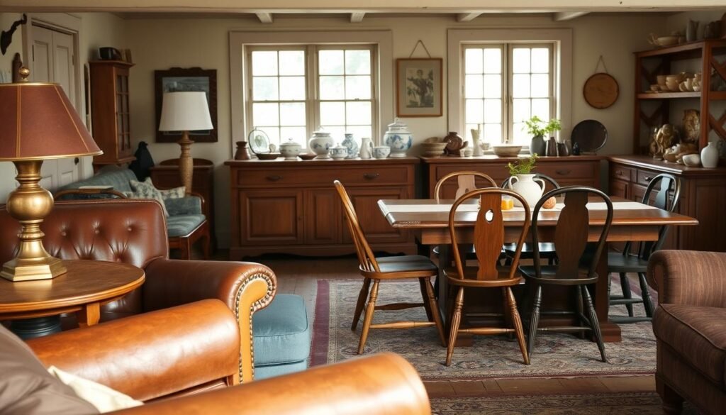 A cozy and inviting farmhouse interior filled with timeless furniture pieces. In the foreground, a plush leather armchair and a rustic wooden end table with a tarnished brass lamp. In the middle ground, a sturdy oak dining table surrounded by mismatched vintage chairs, adorned with a simple linen runner. In the background, a weathered wooden sideboard displays an assortment of antique ceramics and glassware. Soft, natural lighting filters in through large windows, casting a warm glow across the space. The overall atmosphere is one of comforting nostalgia and enduring elegance.