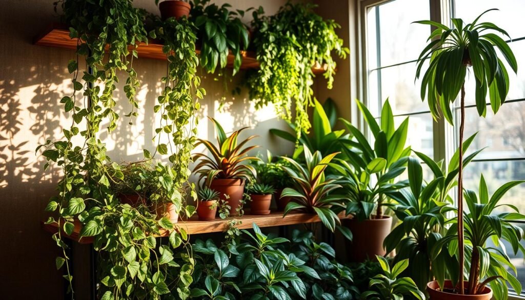 A cozy and inviting indoor plant display, bathed in warm, soft lighting. In the foreground, a lush arrangement of thriving potted plants, their leaves gently cascading over the edges of rustic wooden shelves. The middle ground features a mix of trailing vines, broad-leaved tropicals, and delicate succulents, all expertly arranged to create a harmonious and natural composition. In the background, a large window floods the scene with natural daylight, casting a gentle glow and creating intriguing shadows. The overall atmosphere is one of tranquility, serenity, and a deep connection to the natural world, perfectly embodying the essence of "Embrace Nature with Indoor Plants."