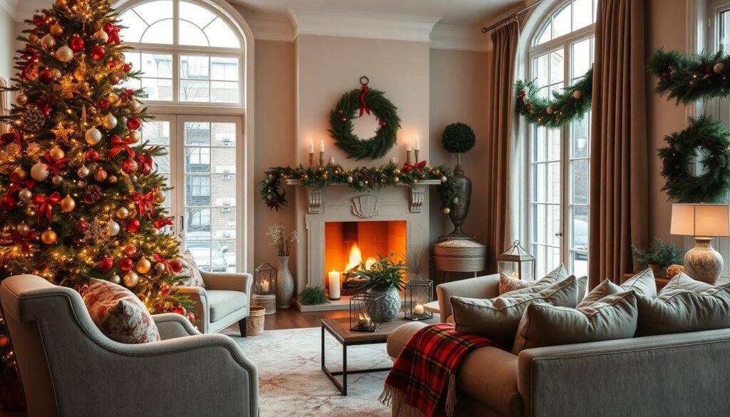 A cozy and inviting living room adorned with a variety of Christmas decor. In the foreground, a lush, beautifully decorated Christmas tree stands tall, its branches draped with twinkling lights, ornaments, and garlands. Surrounding the tree are plush armchairs and a plush sofa, accented with festive throw pillows and blankets. In the middle ground, a warm and crackling fireplace casts a soft glow, flanked by elegant candle-filled lanterns and greenery-filled vases. The background features large windows, allowing natural light to filter in and highlighting the room's elegant and refined holiday aesthetic. The overall atmosphere is one of comfort, joy, and the spirit of the season. A cozy and inviting living room adorned with a variety of Christmas decor. In the foreground, a lush, beautifully decorated Christmas tree stands tall, its branches draped with twinkling lights, ornaments, and garlands. Surrounding the tree are plush armchairs and a plush sofa, accented with festive throw pillows and blankets. In the middle ground, a warm and crackling fireplace casts a soft glow, flanked by elegant candle-filled lanterns and greenery-filled vases. The background features large windows, allowing natural light to filter in and highlighting the room's elegant and refined holiday aesthetic. The overall atmosphere is one of comfort, joy, and the spirit of the season.