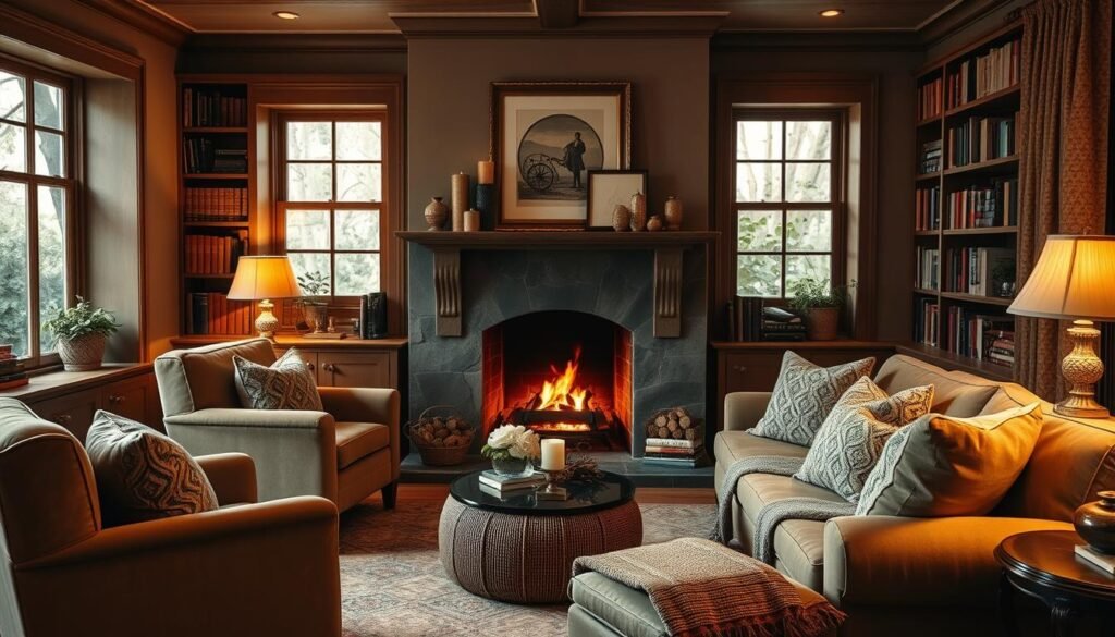 A cozy and inviting living room scene, bathed in warm, soft lighting. Plush velvet armchairs and a deep, overstuffed sofa with plump cushions sit around a crackling fireplace. Bookshelves line the walls, filled with well-worn volumes. On the mantel, framed artwork and decorative candles create a sense of coziness. Woven throws and textured pillows add layers of texture. The room is accented with earthy tones, natural materials like wood and stone, and a few carefully placed plants. The overall atmosphere is one of comfort, relaxation, and timeless elegance.