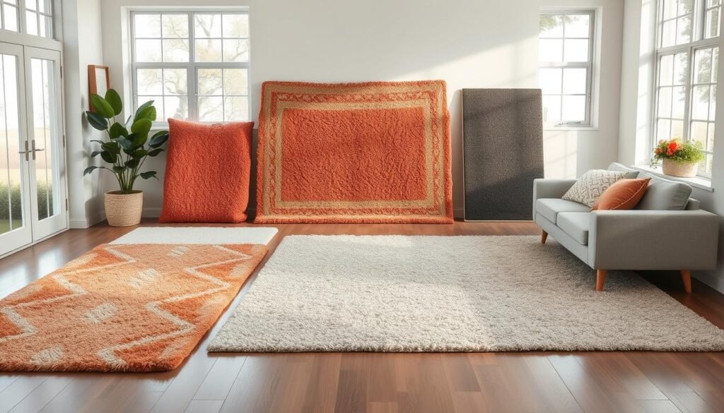 A cozy and inviting living room setting, featuring a collection of chic and affordable area rugs in various textures and patterns. The rugs are displayed in a well-lit, minimalist space with large windows allowing natural light to filter in, creating a warm and airy atmosphere. The rugs range from plush shag to sleek low-pile designs, showcasing a variety of colors and styles that cater to different tastes and budgets. The camera is positioned at a slightly elevated angle, capturing the rugs in a way that highlights their visual appeal and seamless integration into the overall room design. Photorealistic quality, with attention to fine details and a sense of depth and perspective.