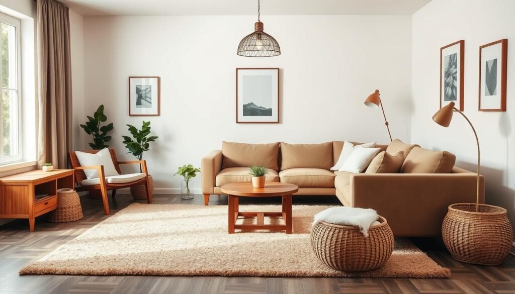 A cozy and inviting living room with a minimalist, budget-friendly aesthetic. A plush, textured rug in earthy tones anchors the space, surrounded by sleek wooden furniture and rattan baskets for storage. Soft lighting from a rustic pendant fixture casts a warm glow, while a small potted plant adds a touch of greenery. The walls feature simple, framed art pieces, creating a harmonious and visually interesting composition. The overall mood is one of tranquility and intentional, thoughtful design on a budget.